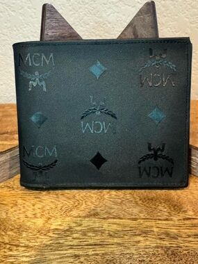 MCM Black Wallet with Teal Logo Accents